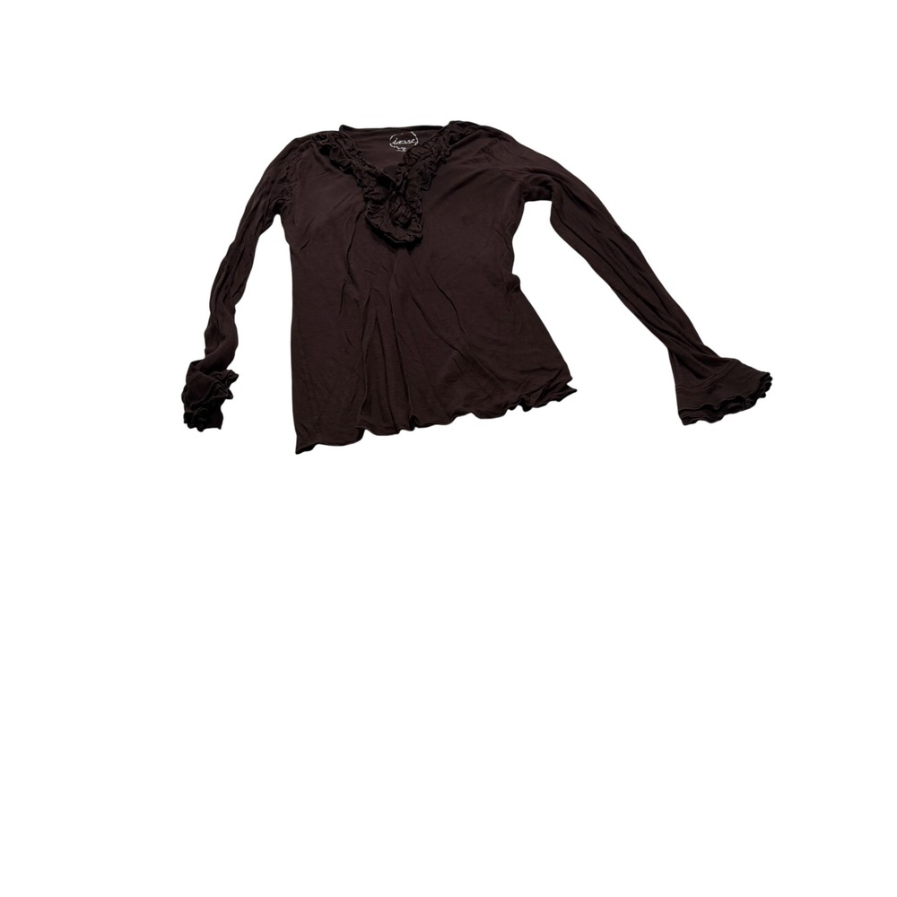 INC International Concepts Brown Ruffle V-Neck Long Sleeve Top XL Rayon